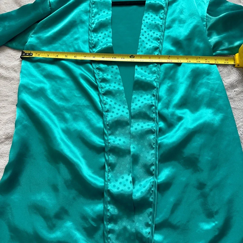 Inner Most Vintage Teal‎ Satin Kimono Robe Polka Dot Trim XS Korea